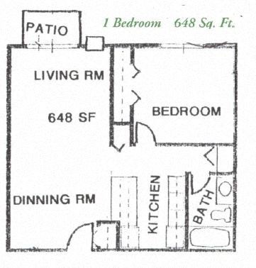 A floor plan of a one bedroom apartment that is 648 square feet.